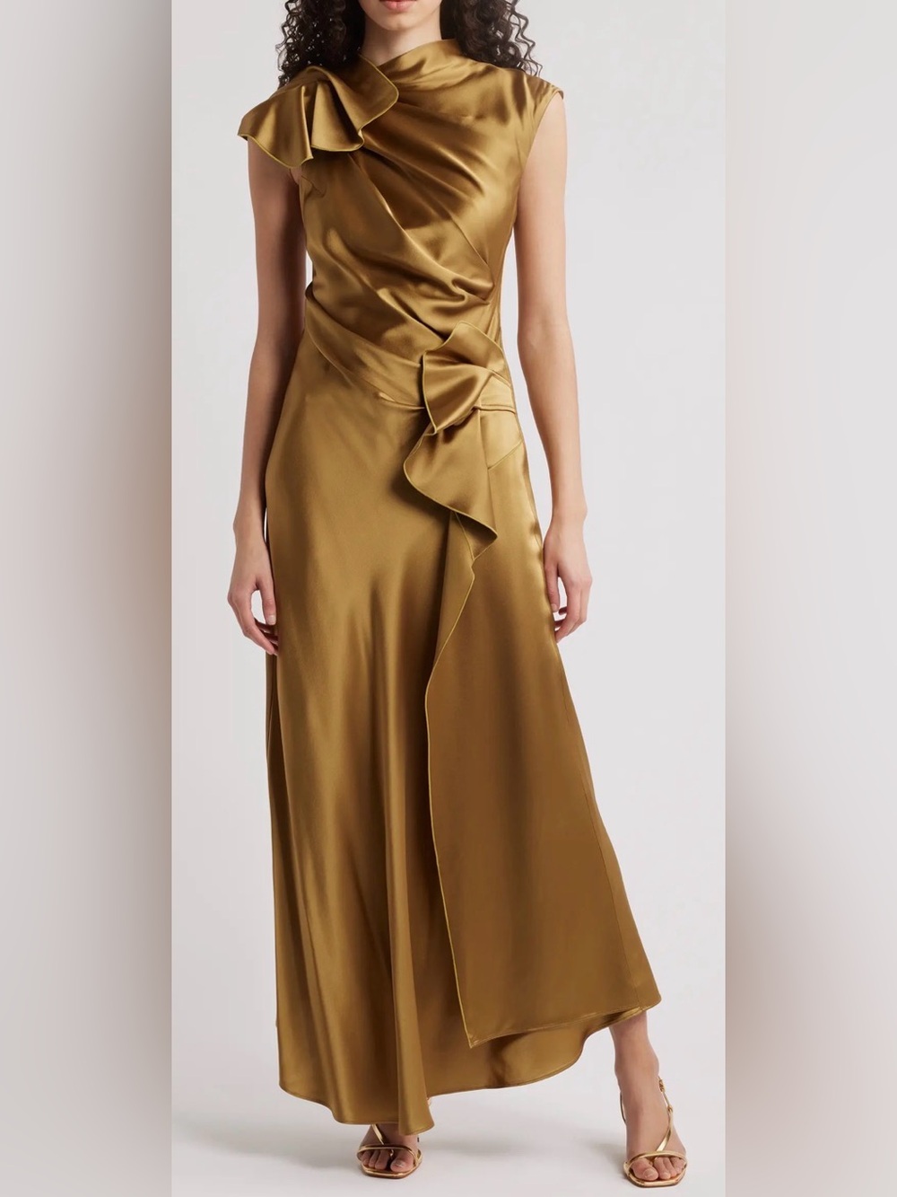 NEW ACLER Ramshaw Metallic Pleated Satin Gown golden moss Sz 4